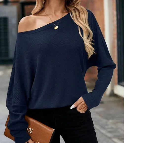 Solid Off Shoulder Loose Fit Waffle Long Sleeve Top - Picture 13 of 16